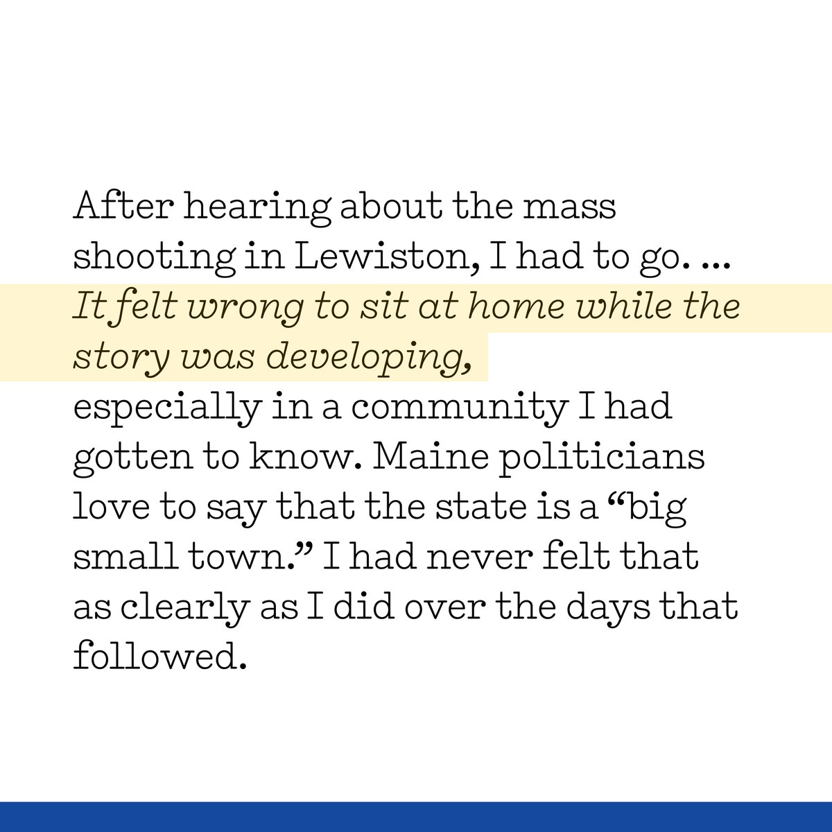 In our winter issue Endnote essay, reporter Emily Bader ’18 reflects on the first few days after the Oct. 25, 2023, mass shooting in Lewiston, Maine. Read the essay online at magazine.wellesley.edu/department/end…