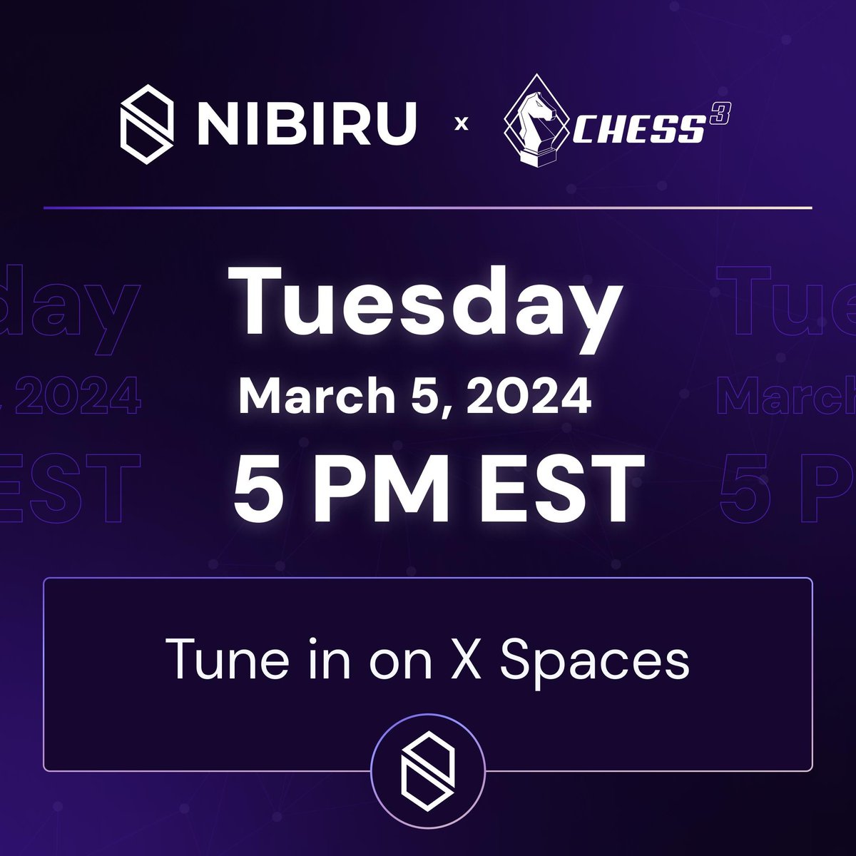 NibiruChain's tweet image. Swing by our X Space tomorrow at 5PM EST with @chess3app &amp;amp; @DeusExUnicus, and learn about Chess tournaments and how to join the exclusive MVP Tournament to earn rewards ✨

💜
