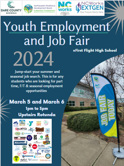 Reminder: Job Fair 1pm-3pm on March 5th and 6th.  Students can visit the NCWorks Professional Resource Center beginning at noon each day.   @CTEforNC @Daretolearn_DCS @FirstFlightHigh @FFNighthawkNews
