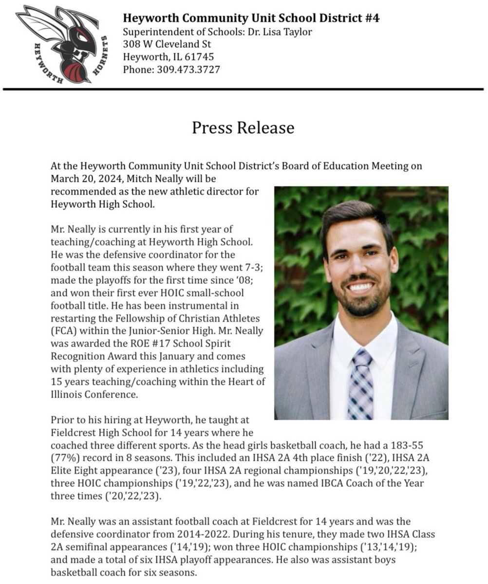 MitchNeally's tweet image. Life update: I accepted the position as Athletic Director at Heyworth High School. I want to thank the Heyworth School Board and Administration for entrusting me in this role.
Excited to supervise an IHSA Super-Sectional tonight at ISU! Not bad for a first day on the job…🤟🏼🟥⬛️