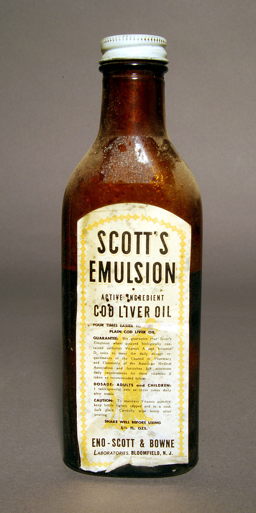 VintageCity60's tweet image. Attempting to cover the name "Cod Liver Oil" with the name "Scott's Emulsion" doesn't seem like great marketing. #Fish #Cod #CodLiverOil #emulsion #Marketing #retail #medicines