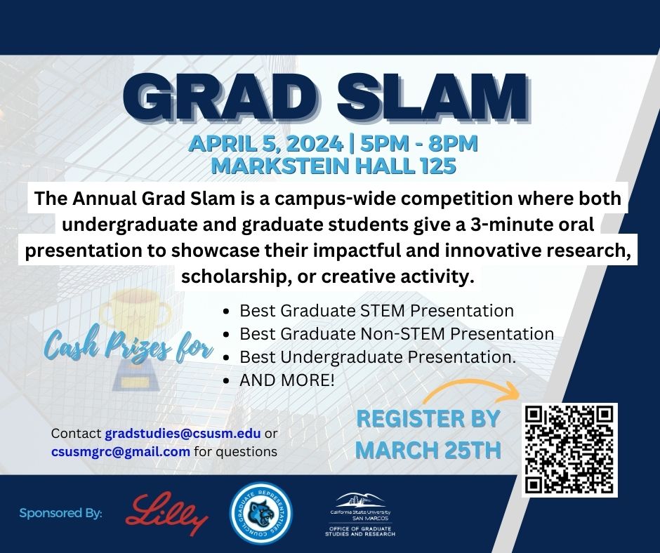 csusmogsr's tweet photo. The Annual Grad Slam is a competition where undergraduate &amp; graduate students give an oral presentation to showcase their research in front of an audience and a panel of judges. Presentations from all disciplines are invited.
For more info visit: https://t.co/7JWj0TAnLk https://t.co/08dOmBcdkk