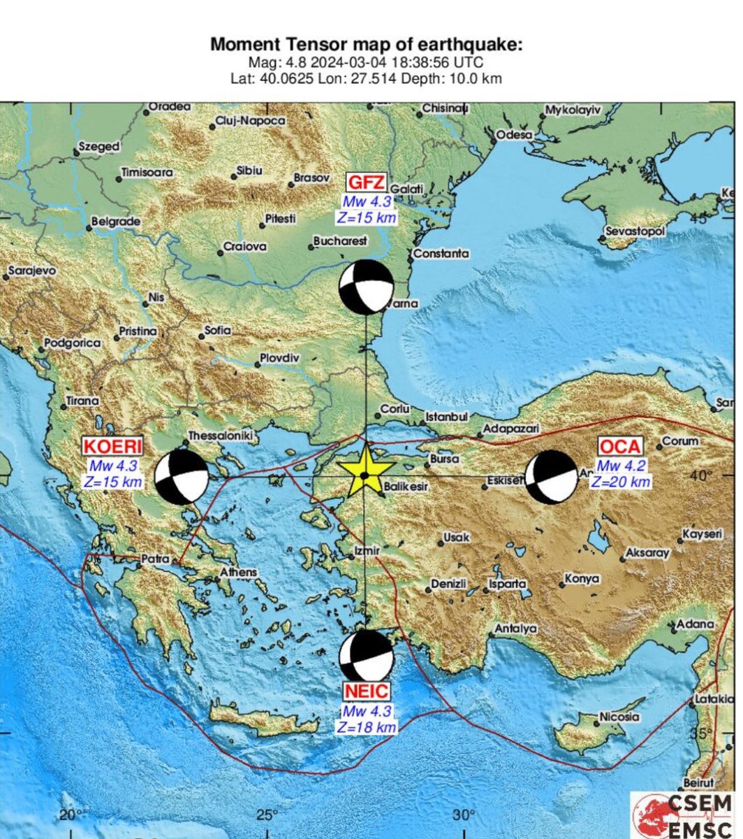 Sismoloji merkezleri tarafından yayınlanan moment tensör çözümleri de, meydana gelen depremin sağ yanal doğrultu atımlı bir faydan kaynaklandığunı kanıtlıyor…