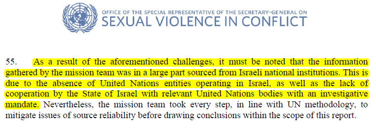 buried on page 15 in its 23 page 'report', the UN's Pramila Patten admits that all her information comes directly from the Israeli regime, and that it blocks UN agencies with an actual investigative mandate from doing independent investigations into their propaganda claims