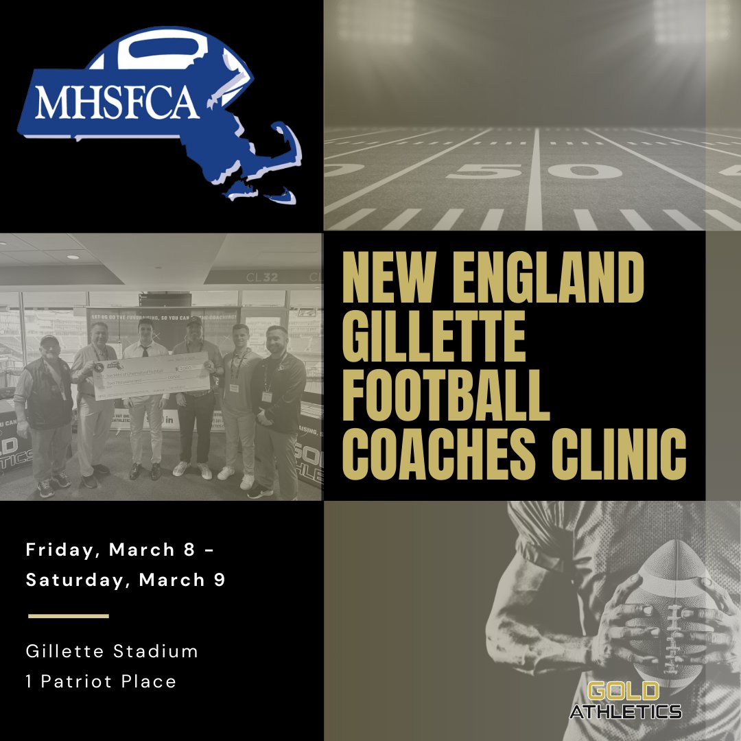 Big things happening this weekend! We’re going to the <a href="/MHSFCA4/">MHSFCA</a> Clinic at Gillette Stadium &amp; announcing the Scholarship recipient! 🏈🏆 Remember to sign in at our booth &amp; enter our Nike Backpack #giveaway!! 

<a href="/MattRossGold/">Matt Ross</a> <a href="/TylerMoriniGold/">Tyler Morini</a> <a href="/SteveAshGold/">Steve Ash</a> <a href="/EHillerGold/">Eric Hiller</a> <a href="/msharkygold/">Mark "Sharky" Chatalian</a>
