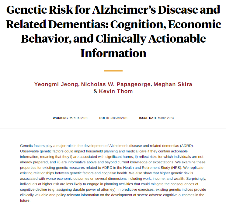 NBER (@nberpubs) on Twitter photo Individuals at higher genetic risk of Alzheimer’s and related dementias are less likely to engage in activities that could mitigate the consequences of cognitive decline, from Yeongmi Jeong, <a href="/NWPapageorge/">Nicholas Papageorge</a>, Meghan Skira, and Kevin Thom nber.org/papers/w32181 Individuals at higher genetic risk of Alzheimer’s and related dementias are less likely to engage in activities that could mitigate the consequences of cognitive decline, from Yeongmi Jeong, <a href="/NWPapageorge/">Nicholas Papageorge</a>, Meghan Skira, and Kevin Thom nber.org/papers/w32181