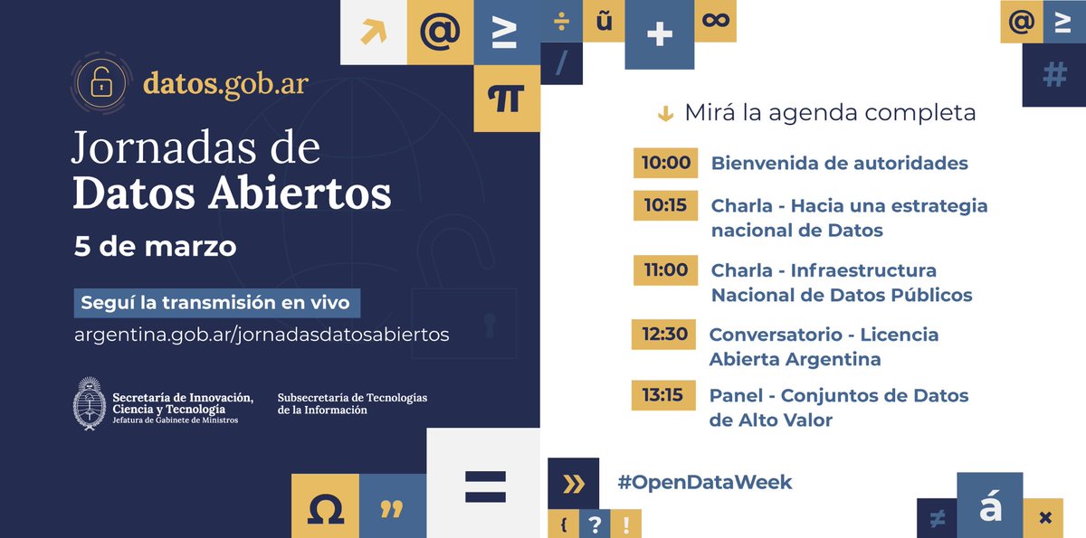 Mañana arrancan las #JornadasDeDatosAbiertos

✅Vamos a conversar sobre cómo fomentar la innovación a través del uso de datos abiertos.

🗓️Mirá la agenda en argentina.gob.ar/jornadasdatosa…

💻Vas a poder seguirlo también por YouTube.

👉bit.ly/JornadaDatosAb…

#OpenDataWeek