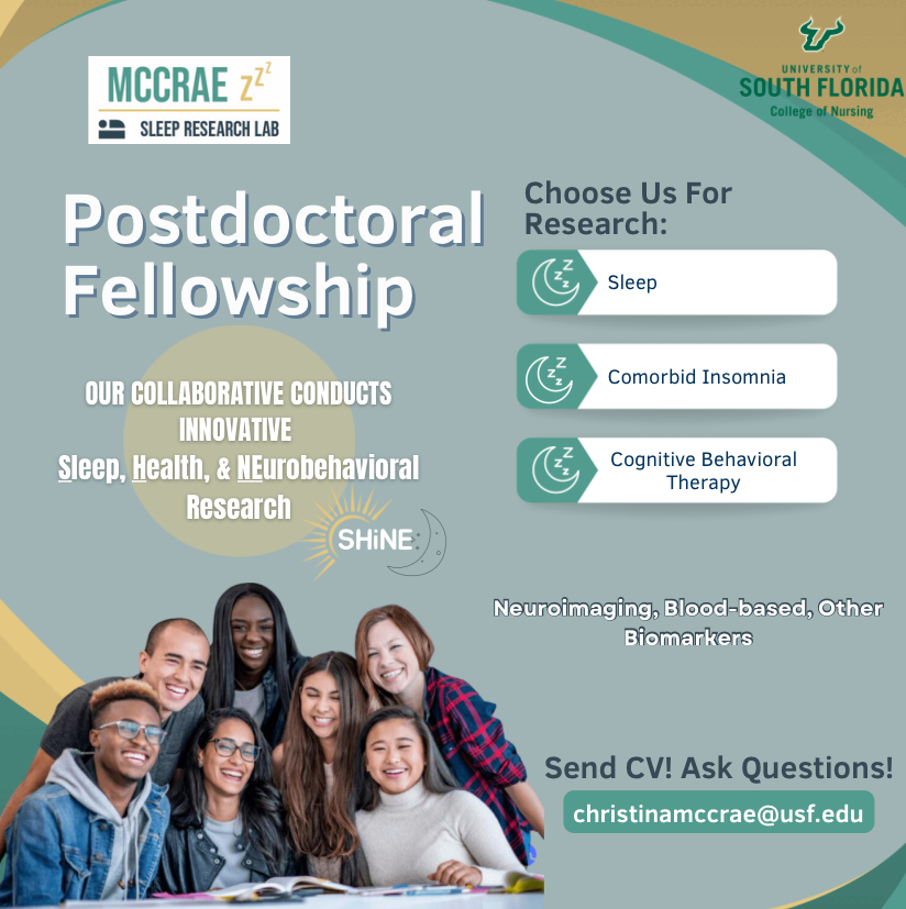 The McCrae Sleep Lab is inviting applications for postdoctoral fellowships. Send over your CV and any questions to Dr. McCrae’s email. #postdoc #postdoctoral #fellowship #research #clinical #student #usfbulls #usfhealth #postdoctoalfellowship #sleep #comorbidinsomnia #insomnia