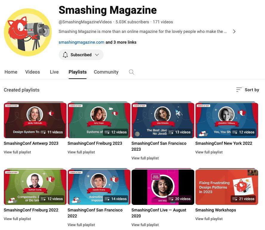 📹✨ Did you know we have a lot of conference talks, Smashing Meets and Smashing Hour videos on our YouTube channel? buff.ly/3Twfyhk