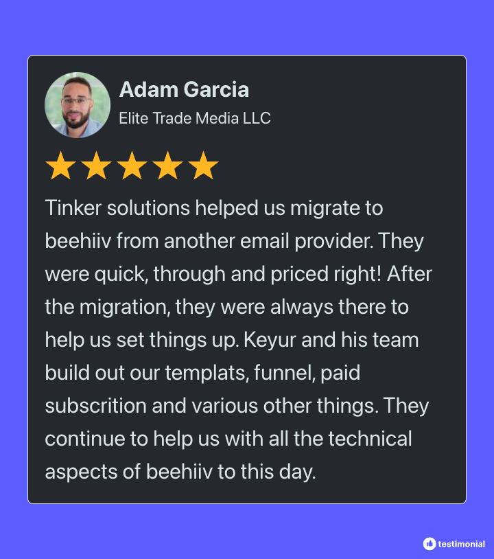 tinkersolution's tweet photo. A new day, a new testimonial. 

@Elitetradestock is now on beehiiv and thriving. Check them out today and us as well, if you are not yet on @beehiiv.

Make your switch with us on your side. We will take good care of you and your prestigious newsletter. https://t.co/rvruBkzFgy