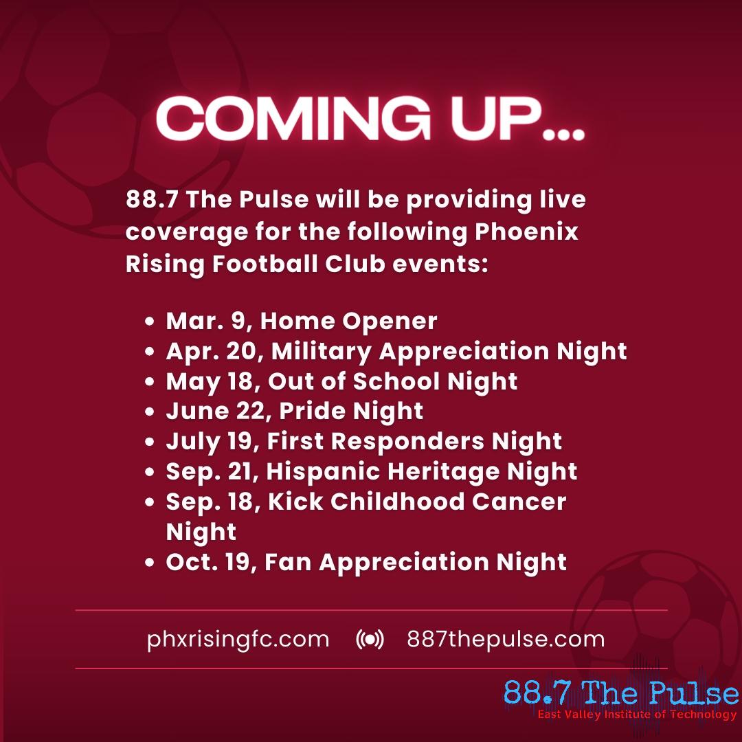 Just announced: 88.7 The Pulse and @phxrisingfc are partnering for the 2024 season to bring you quality live coverage of the Valley's premier sporting events. Stay tuned for more information about events featuring 88.7 The Pulse and Phoenix Rising. To learn more about this gr...