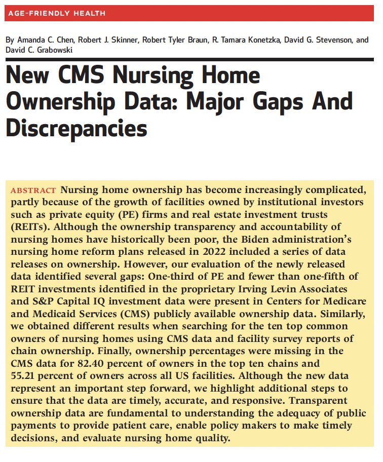 🚨New in <a href="/Health_Affairs/">Health Affairs</a> led by <a href="/amanda_c_chen/">Amanda Chen</a>  
The release of new CMS nursing home ownership data is a step forward, but we find major transparency gaps remain in the CMS data including identifying private equity &amp; real estate investment trust deals.
healthaffairs.org/doi/full/10.13…
