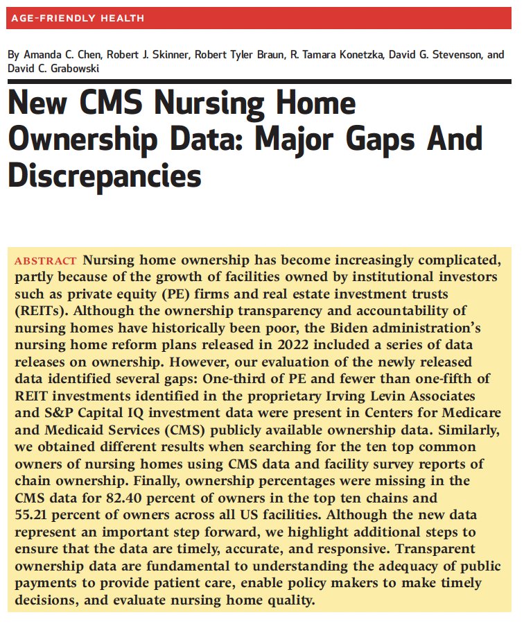 🚨New in @Health_Affairs led by @amanda_c_chen The release of new CMS nursing home ownership data is a step forward, but we find major transparency gaps remain in the CMS data including identifying private equity & real estate investment trust deals. healthaffairs.org/doi/full/10.13…