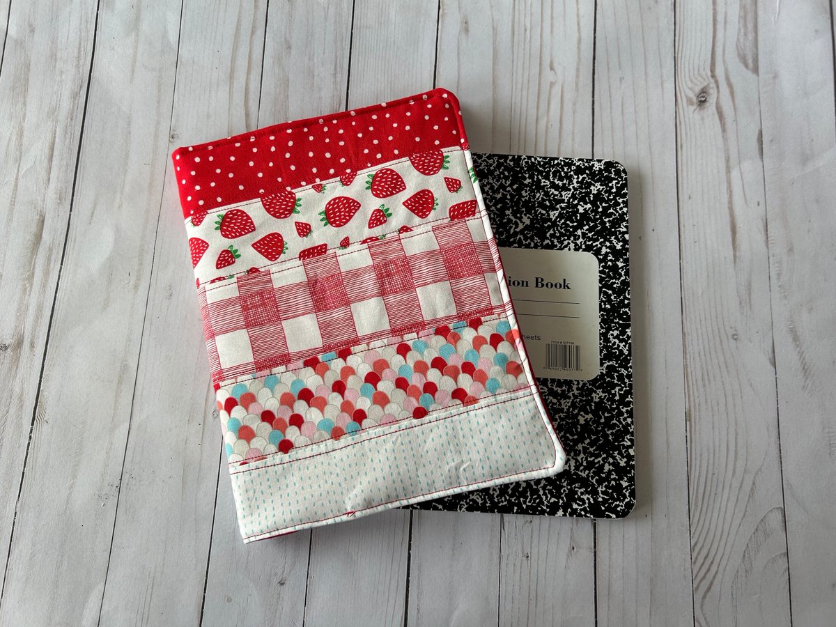Strawberry Patchwork Composition Notebook Cover tuppu.net/9e74b3d4 #craftshout #craftbizparty #PatchworkBookCover