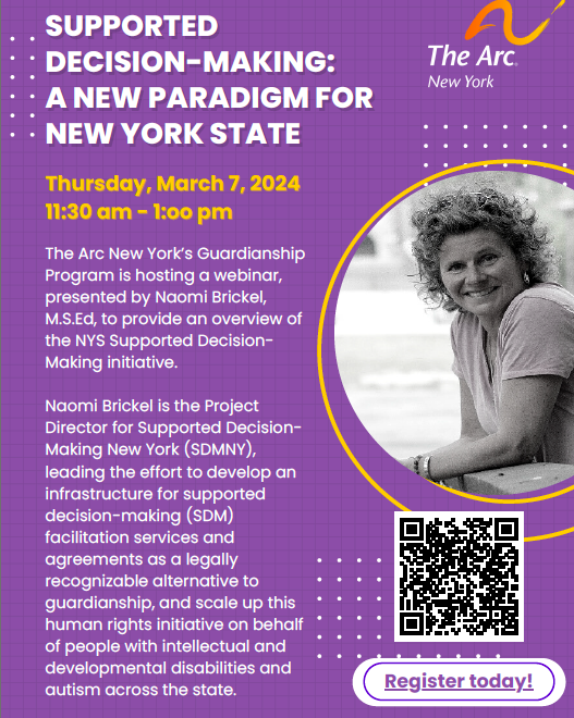 📌 This Thursday! 

Supported Decision-Making: A New Paradigm for New York State webinar hosted by The Arc New York

Register here: us02web.zoom.us/webinar/regist…

#supporteddecisionmaking #sdm #sdmny #disabilityrights #humanrights #guardianship #specialeducation #independence #support