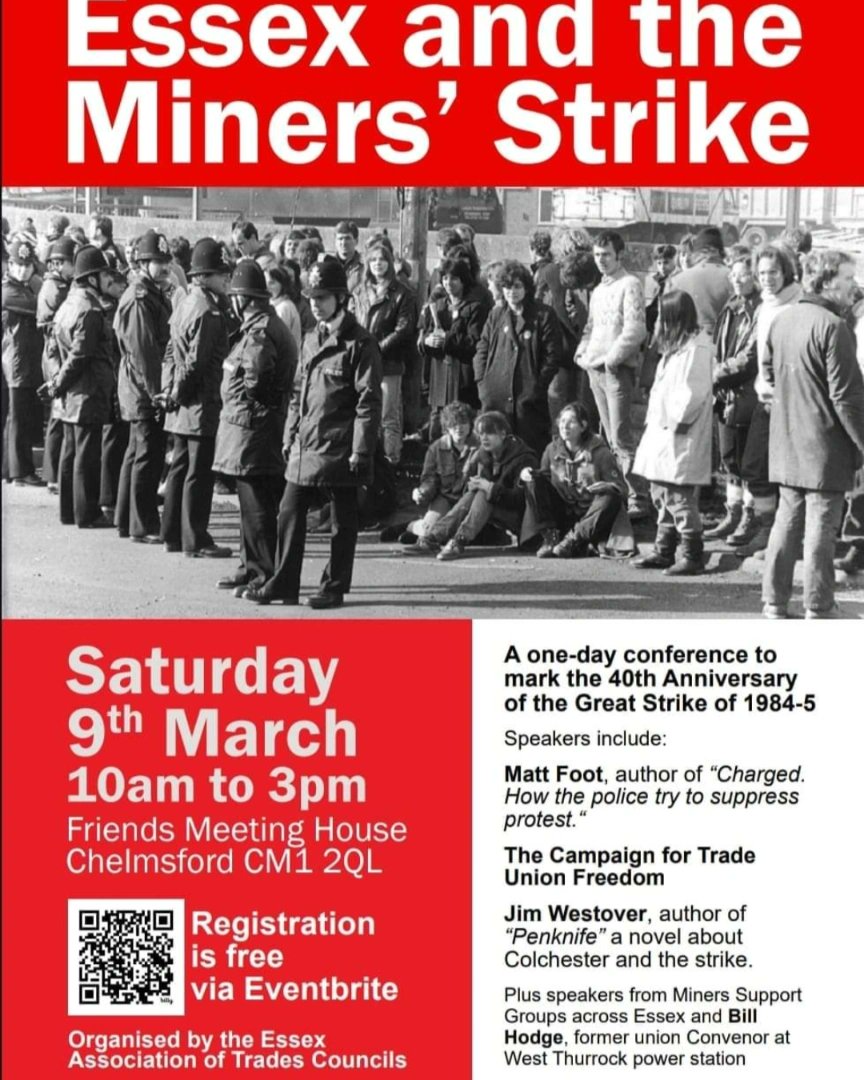 CliffiteT's tweet photo. Conference to commemorate the role of Essex activists in the Great Miners Strike 1984-85 
Free entry
Book through Eventbrite https://t.co/BjfjJ6q2uA