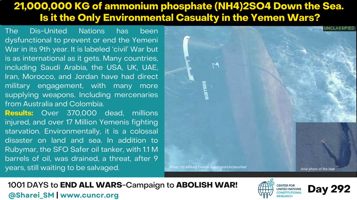 21,000,000 KG of Ammonium Phosphate (NH4)2SO4 Down the Sea.
The Only Environmental Casualty in the Yemen Wars?
The Dis-United Nations #UNSC has been dysfunctional to prevent or end the #Yemeni #War in its 9th year. It is labeled ‘civil’ War but is as international as it gets.