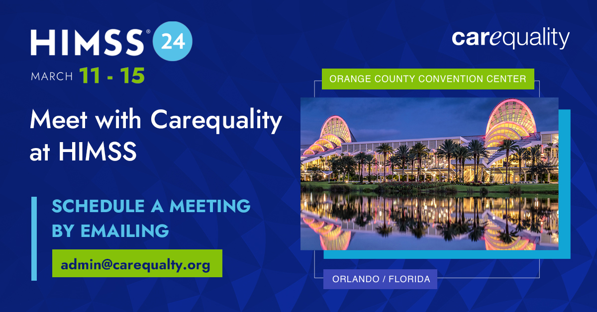 Carequality (@carequalitynet) on Twitter photo The Carequality team will be at #HIMSS24 next week! Current and prospective Implementers can schedule meetings with Carequality team members Chris Dickerson and Bill Mehegan. 📩Email admin@carequality.org to set up a meeting! The Carequality team will be at #HIMSS24 next week! Current and prospective Implementers can schedule meetings with Carequality team members Chris Dickerson and Bill Mehegan. 📩Email admin@carequality.org to set up a meeting!