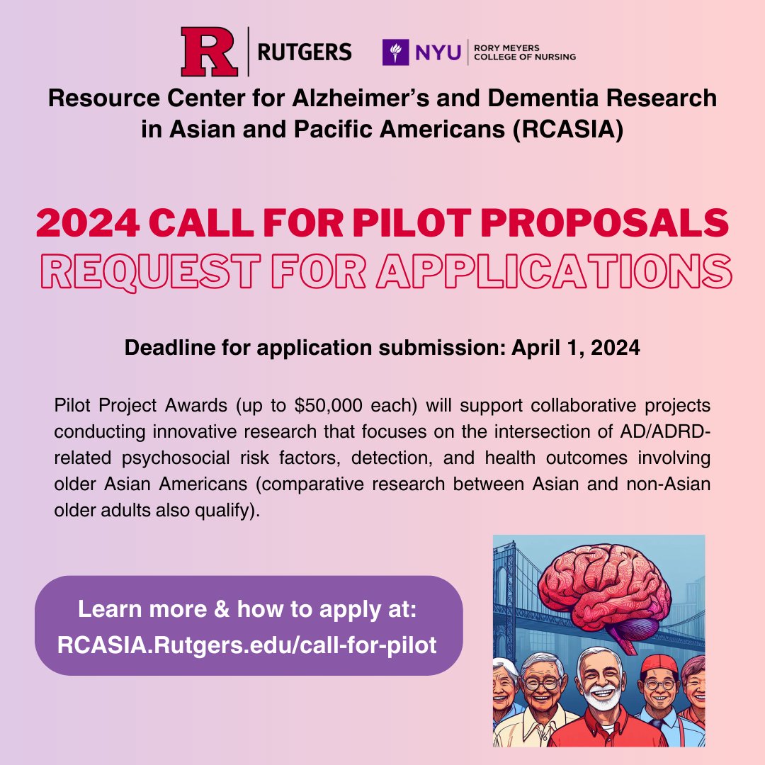 Are you an early career researcher interested in studying the health of Asian older adults? Check out the Resource Center for Alzheimer's and Dementia Research in Asian and Pacific Americans call for pilot proposals & learn how to apply: rcasia.rutgers.edu/call-for-pilot/