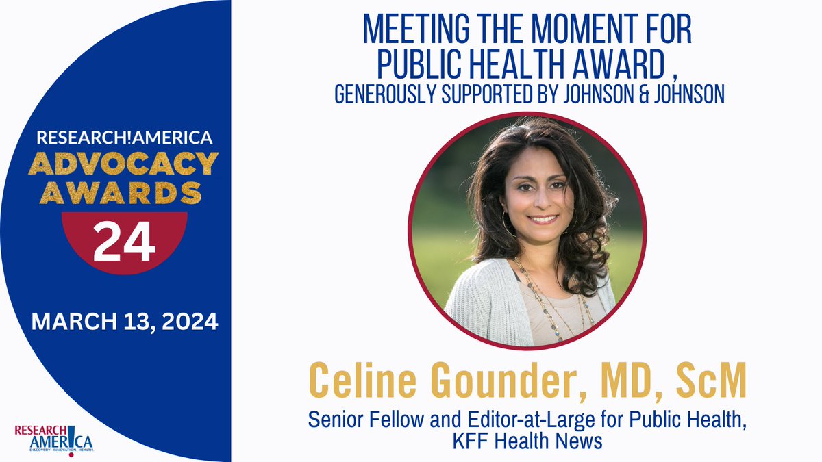 Congrats to @celinegounder @KFFHealthNews, recipient of the 2024 'Meeting The Moment For Public Health Award,' supported by @JNJNews. Dr. Gounder's voice has been influential in combining empathy with facts to dispel misinformation during the pandemic and beyond. #RAAwards