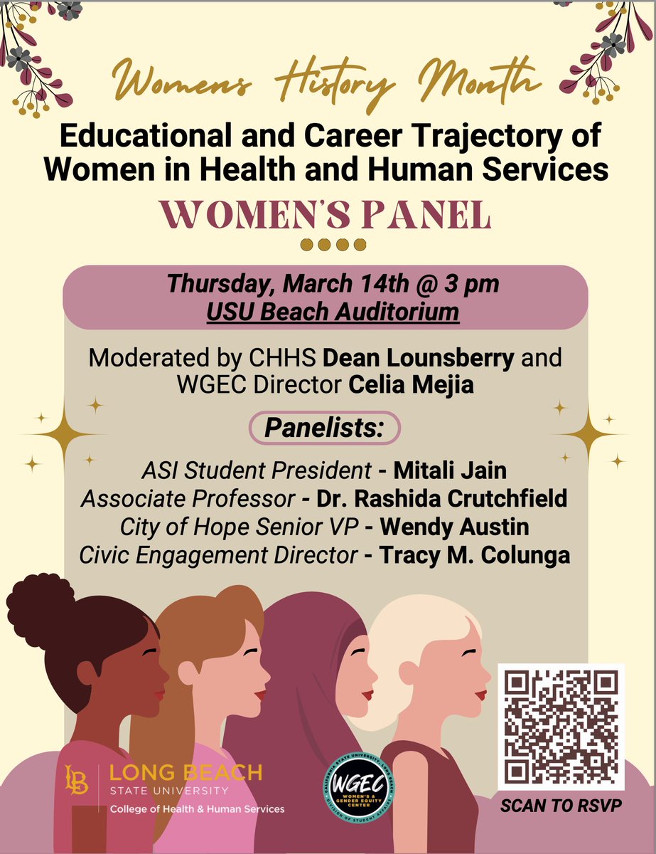 Please join us as we celebrate #WomensHistoryMonth with a panel discussion hosted by CHHS &amp; <a href="/csulbWGEC/">CSULB WGEC</a> on the Educational &amp; Career Trajectory of Women in Health and Human Services. Link to RSVP here: 

csulb.campuslabs.com/engage/event/9…