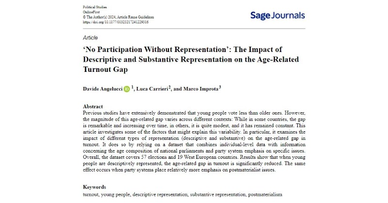 Young vs older voters turnout: Davide Angelucci, Luca Carrieri & @mimprota95 argue that when young people are descriptively represented, the age-related gap in turnout is significantly reduced. Read in @PolStudies: journals.sagepub.com/doi/10.1177/00… @PolStudiesAssoc @SAGECQPolitics #ECRs