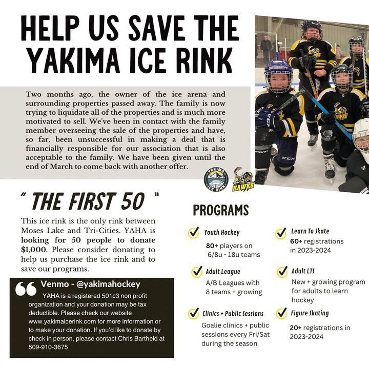 HELP US SAVE THE YAKIMA ICE RINK! And win 2 tickets to the DAL @ SEA game on March 30 ‼️Bidding opens March 8 ‼️ yaha.betterworld.org/auctions/yaha-… yakimaicerink.com