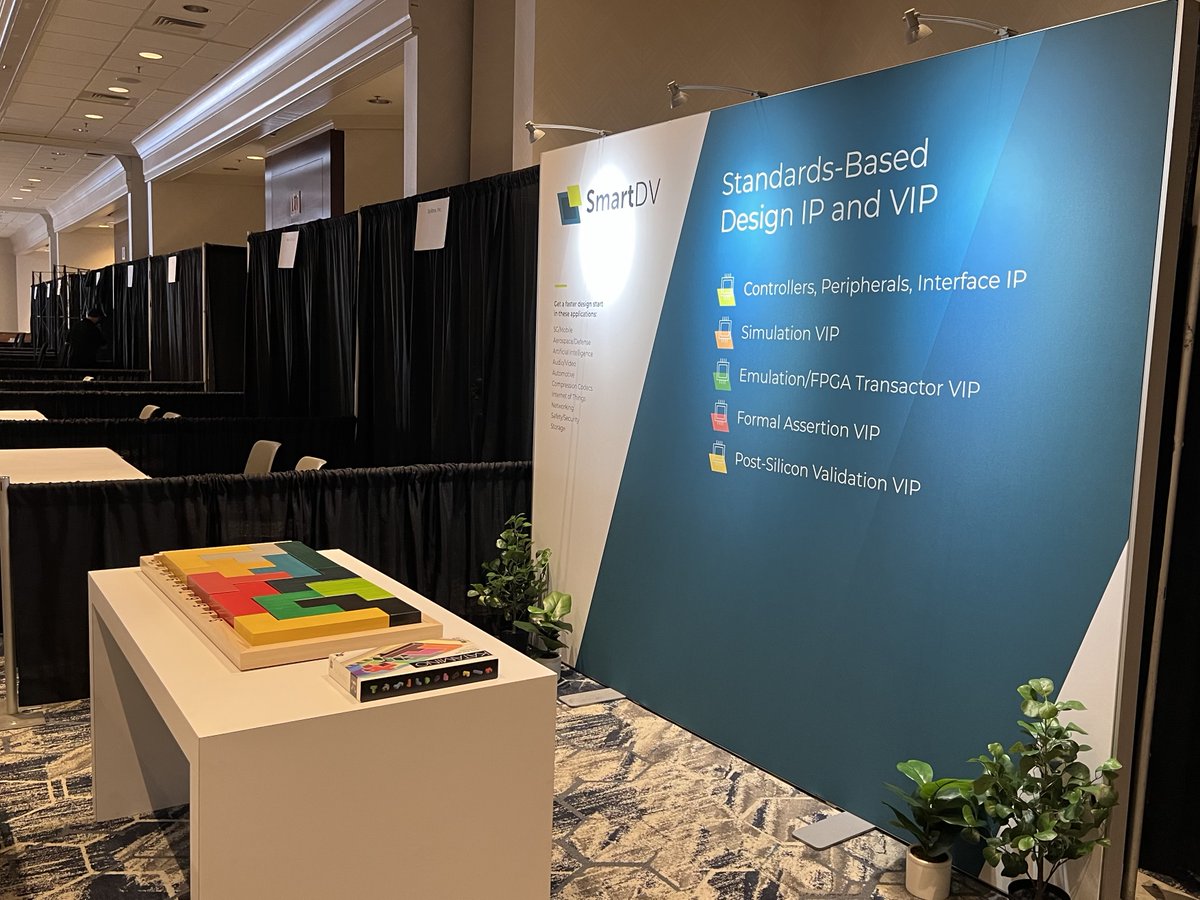 smartdv's tweet image. Will we see you at @DVCon_US this week? 

Stop by our exhibit booth to try the giant #katamino puzzle 🧩

Learn how SmartDV’s #designIP and #VIP can fit into your next chip 📲