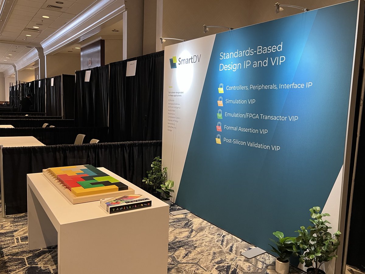 Will we see you at @DVCon_US this week? Stop by our exhibit booth to try the giant #katamino puzzle 🧩 Learn how SmartDV’s #designIP and #VIP can fit into your next chip 📲