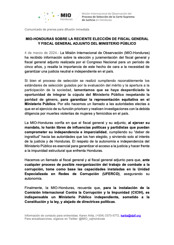 Tras reciente elección de fiscal general y su adjunto, instamos a priorizar investigaciones sobre muertes violentas de mujeres y femicidios, mantener la autonomía de <a href="/UFERCO1/">UFERCO</a> en la lucha anticorrupción y garantizar un <a href="/MP_Honduras/">Ministerio Público</a>  independiente para la instalación de la CICIH.