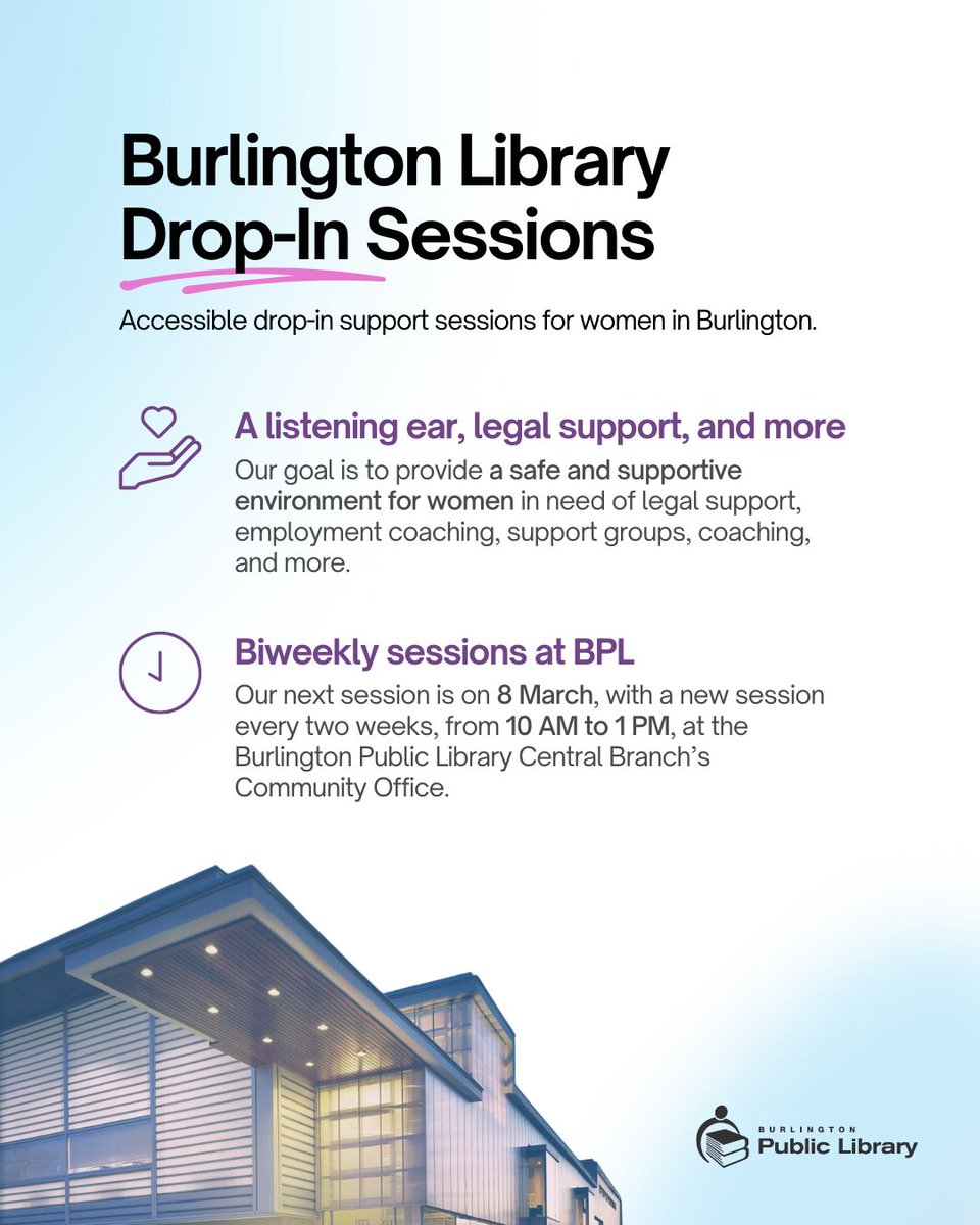 WomensCentreON's tweet image. Accessible support sessions for women in Burlington!  

Our Burlington Library Drop-In Sessions are on the 2nd and 4th Friday of each month (excl. stat holidays and Dec 27th) from 10 am -1 pm at the Burlington Public Library Central Branch's Community Office at 2331 New St