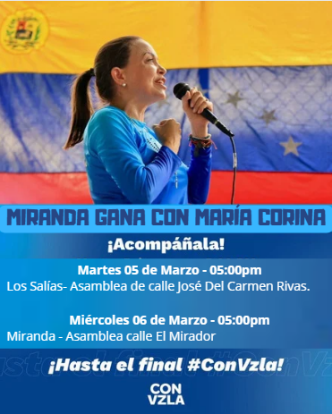 ¡Mañana nos vemos Miranda! Acompáñame en las asambleas ciudadanas 🗓 Martes, #05Marzo y Miércoles #06Marzo. #ConVzla #HastaElFinal