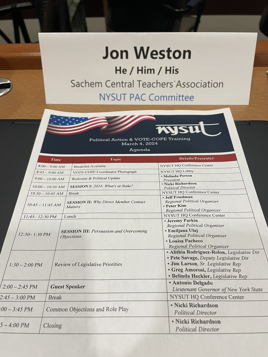 Afternoon session: persuasion techniques, legislative priorities & @DelgadoforNY @nysut PAC training