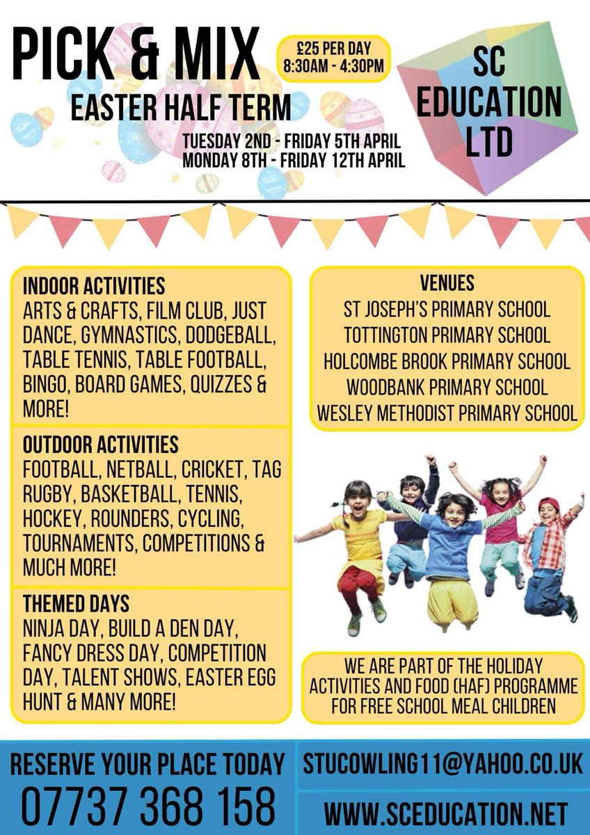 SC Education Ltd (@sceducationltd) on Twitter photo Bookings now being taken for our Easter Holiday Clubs! <a href="/stjosephrcp/">St. Joseph’s RC Primary School</a> <a href="/Wesley_Primary/">@Wesley_Primary</a> <a href="/tps_pri/">Tottington Primary</a> <a href="/HolcombeBrook/">Holcombe Brook PS</a> Bookings now being taken for our Easter Holiday Clubs! <a href="/stjosephrcp/">St. Joseph’s RC Primary School</a> <a href="/Wesley_Primary/">@Wesley_Primary</a> <a href="/tps_pri/">Tottington Primary</a> <a href="/HolcombeBrook/">Holcombe Brook PS</a>
