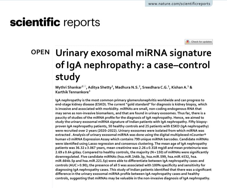 Mythri Shankar 🇮🇳 (@nephromythri) on Twitter photo ⭐️Grateful to share that our research work on “Urinary exosomal miRNA signature of IgA nephropathy” has been published in <a href="/NaturePortfolio/">Nature Portfolio</a>
Scientific Reports.⭐️
🔗 for full text 👉nature.com/articles/s4159… ⭐️Grateful to share that our research work on “Urinary exosomal miRNA signature of IgA nephropathy” has been published in <a href="/NaturePortfolio/">Nature Portfolio</a>
Scientific Reports.⭐️
🔗 for full text 👉nature.com/articles/s4159…