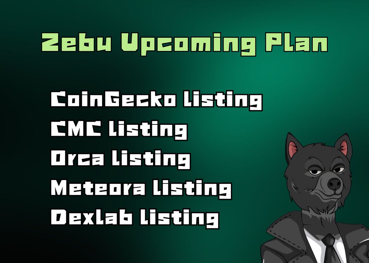 $ZEBU upcoming Plans 🐻🔥

🔸Coingecko listing
🔸CMC listing
🔸Orca listing
🔸Meteora listing
🔸Dexlab listing

💚+♻️ &amp; Drop your $SOL Wallets 👇