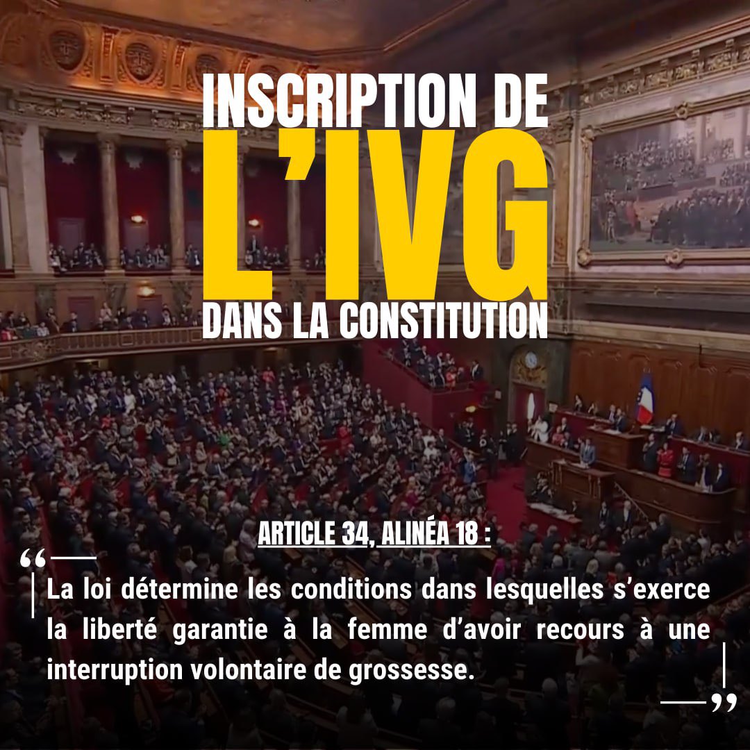 L'IVG entre dans la Constitution.

Le 4 mars 2024 entre dans l'Histoire.
#IVGDansLaConstitution