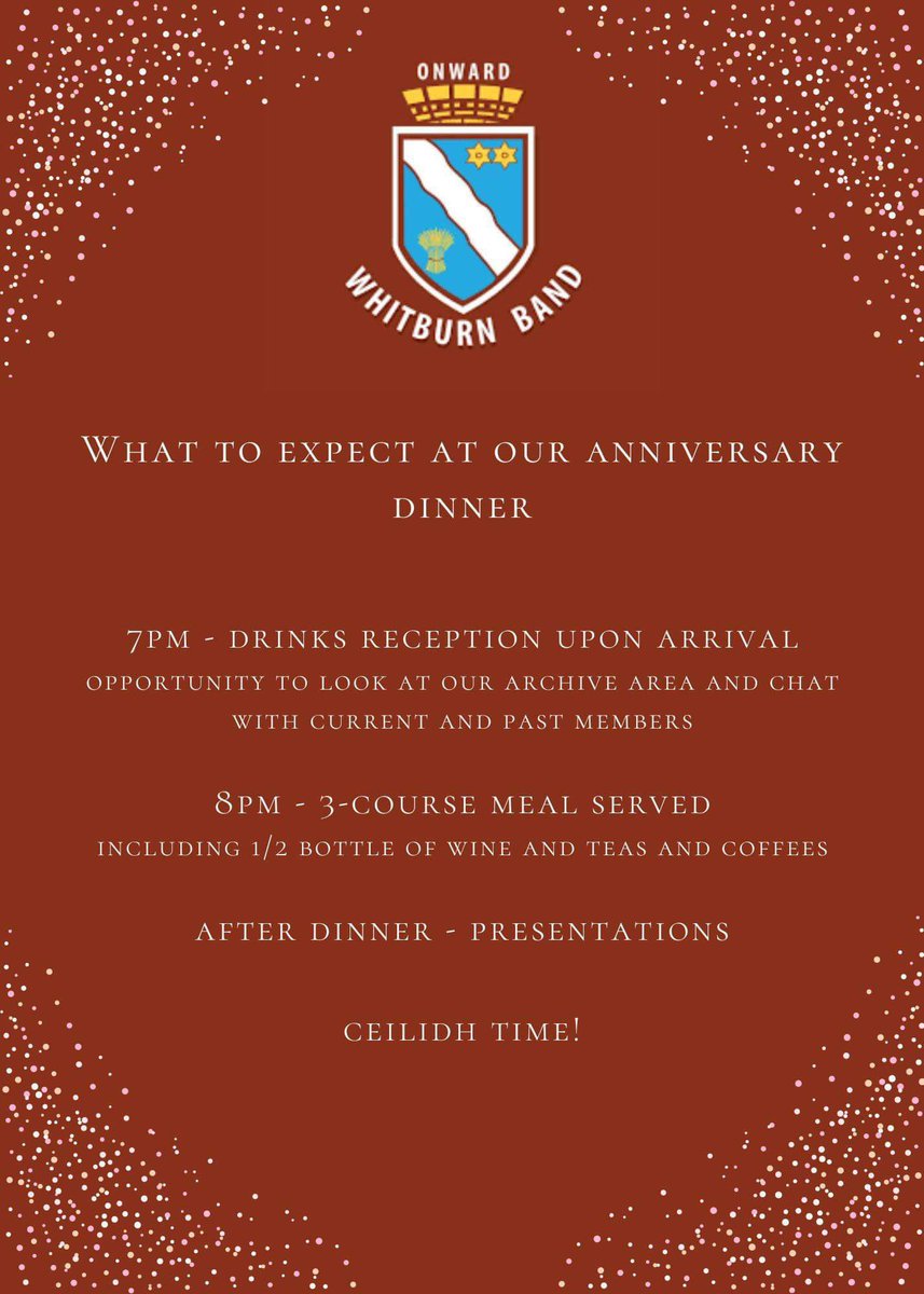 We’re looking forward to welcoming past and current members to our anniversary celebrations on the 23rd of March. See below for details on the evening. Tickets will be available until 17th March. If you have any questions, please contact whitburnsecretary@hotmail.com