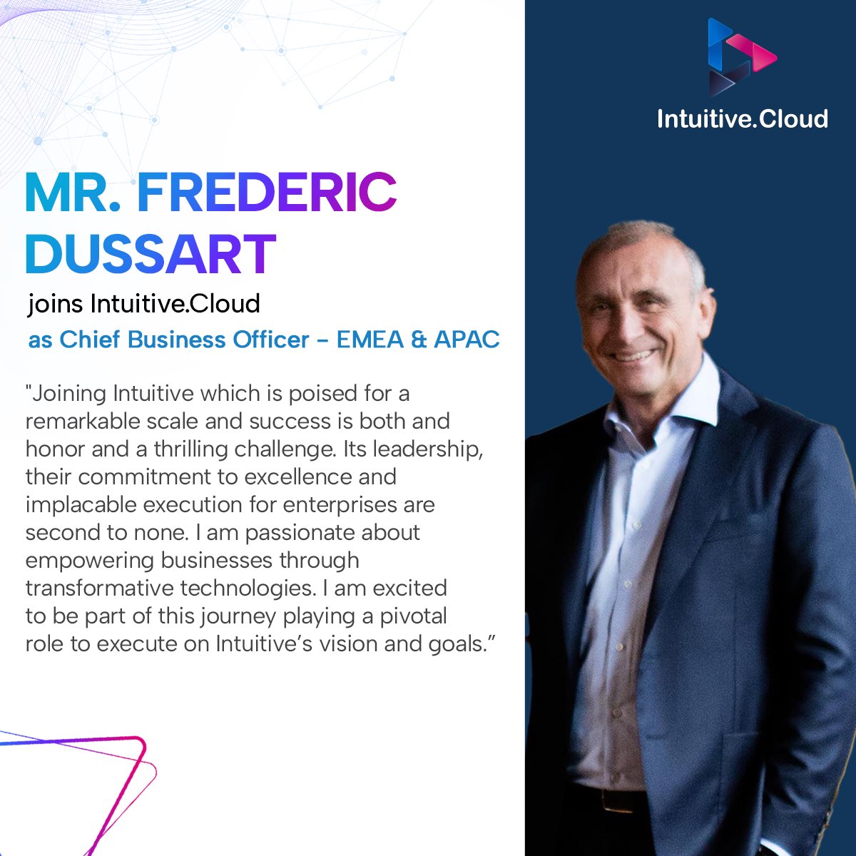 Intuitiveai_'s tweet image. Intuitive welcomes Mr. Frederic Dussart as Chief Business Officer - EMEA &amp;amp; APAC. Mr. Dussart brings more than two decades of executive leadership experience to #Intuitive.

Mr. Dussart enjoys golf, skiing, scubadiving and is passionate about Wine, Whiskey and Spirits making.
