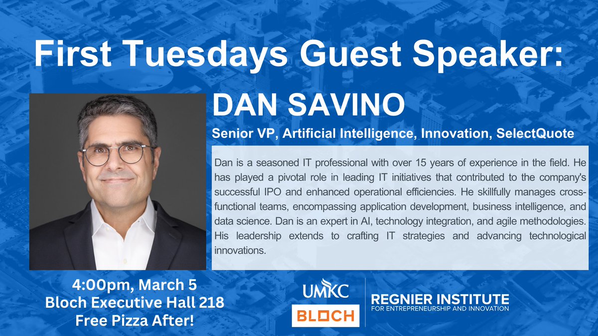 💡TODAY!!!: First Tuesdays with guest speaker Dan Savino!

➡️Join us for First Tuesday at 4PM on March 5th to hear from the Senior Vice President of SelectQuote!

📍 Tuesday, March 5th at 4:00PM | BEH 218 | Pizza after the event! 🍕
<a href="/UMKCBloch/">UMKC Bloch School</a>