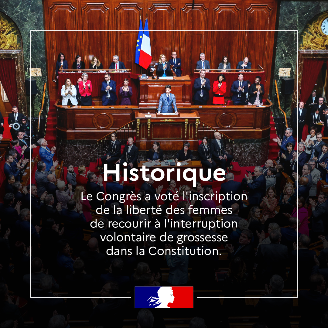 4 mars 2024, 18h48 : le Congrès vote l'inscription de la liberté des femmes de recourir à l'IVG dans la Constitution. Une première dans le monde. 🇫🇷🌍