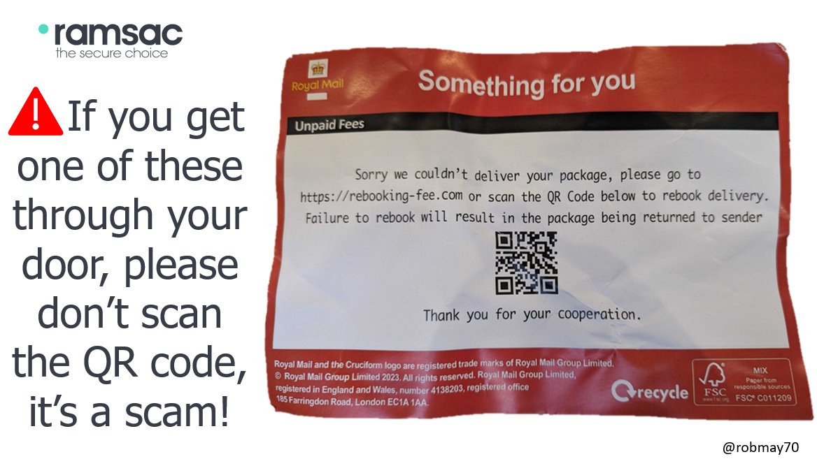 ⭕ Please be aware of this latest scam - I despise qrishing at the best of times but these cards are being posted through UK home letterboxes scamming unsuspecting people who go on to pay a fake rebooking fee and giving away their credit card details. #BeCyberSmart #Cybersecurity