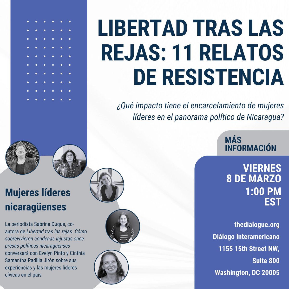 RemittancesIAD's tweet photo. ¿Qué impacto tiene el encarcelamiento de mujeres líderes en el panorama político de #Nicaragua?

Acompáñenos el viernes 8 de marzo de 2024 de 1:00 a 2:15 PM EST para escuchar sus testimonios.

https://t.co/tTAVM0EoIR

#DiaInternacionalDeLaMujer #InternationalWomensDay https://t.co/xogvdH0aZ8