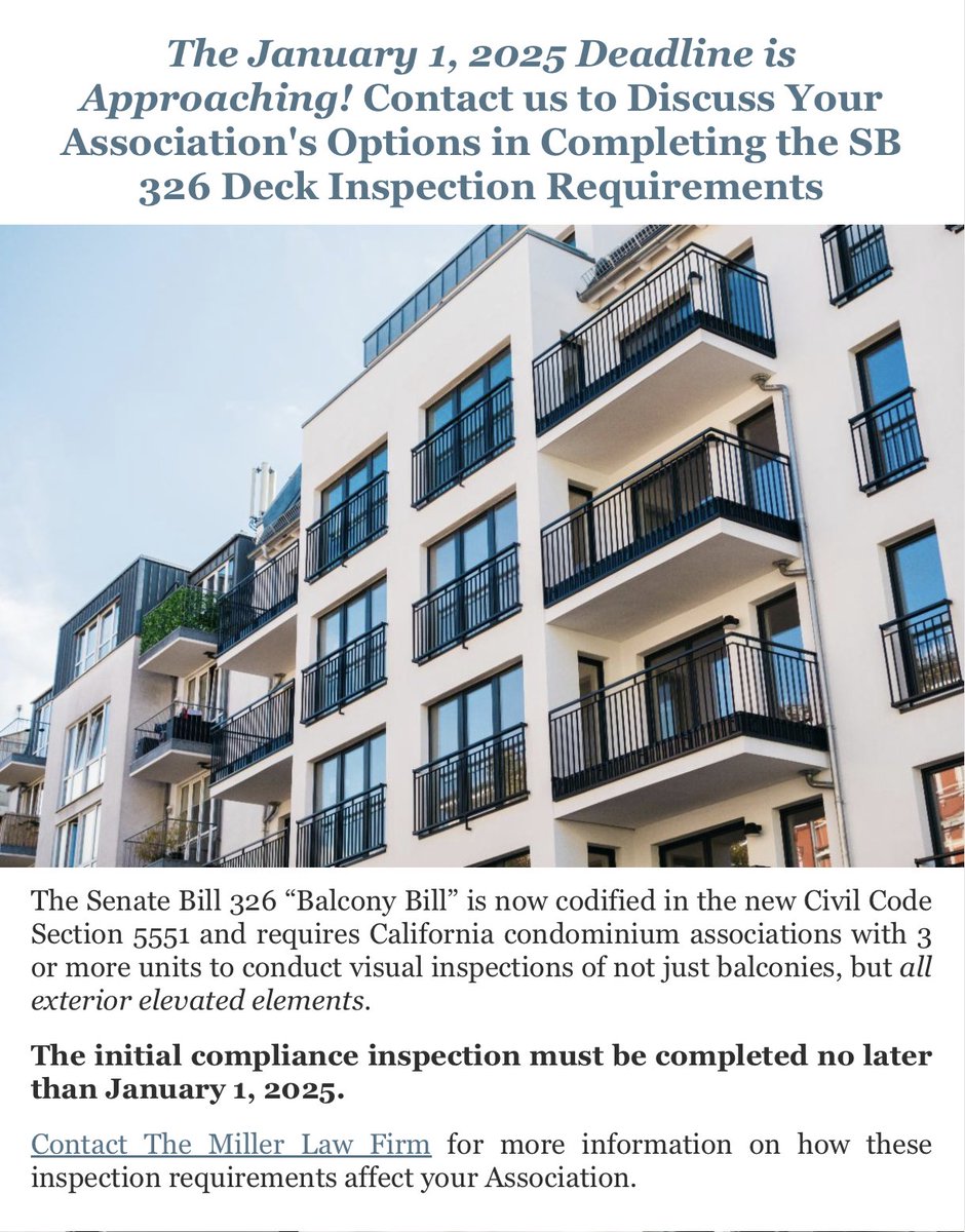 The January 1, 2025 Deadline is Approaching! Contact us to Discuss Your Association's Options in Completing the SB 326 Deck Inspection Requirements

constructiondefects.com

#TMLF #constructiondefects #homeowners #associations #california #boardmembers #expertise #superlawyers