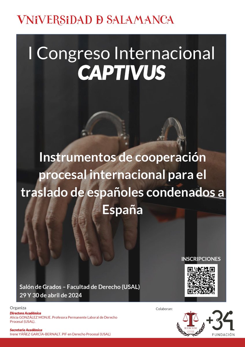 IreneYGB's tweet photo. 📢 Los próximos 29 y 30 de abril celebramos el I Congreso Internacional CAPTIVUS: Instrumentos de cooperación procesal Internacional para el traslado de condenados españoles a España
📍Formato presencial en el Salón de Grados de la Facultad de Derecho de la USAL 
¡Os esperamos! https://t.co/ZbgDVXViNY