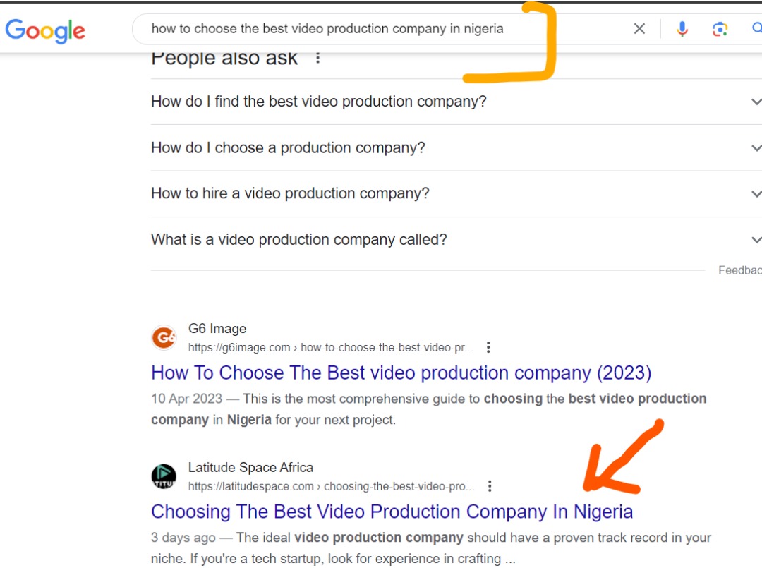 Check this out! 

My client's blog post climbed to the #2 spot on Google for the keyword [how to choose the best video production company in Nigeria]. 

Our #SEO strategy works!

Want to learn how to get similar visibility for your business? Let's talk.