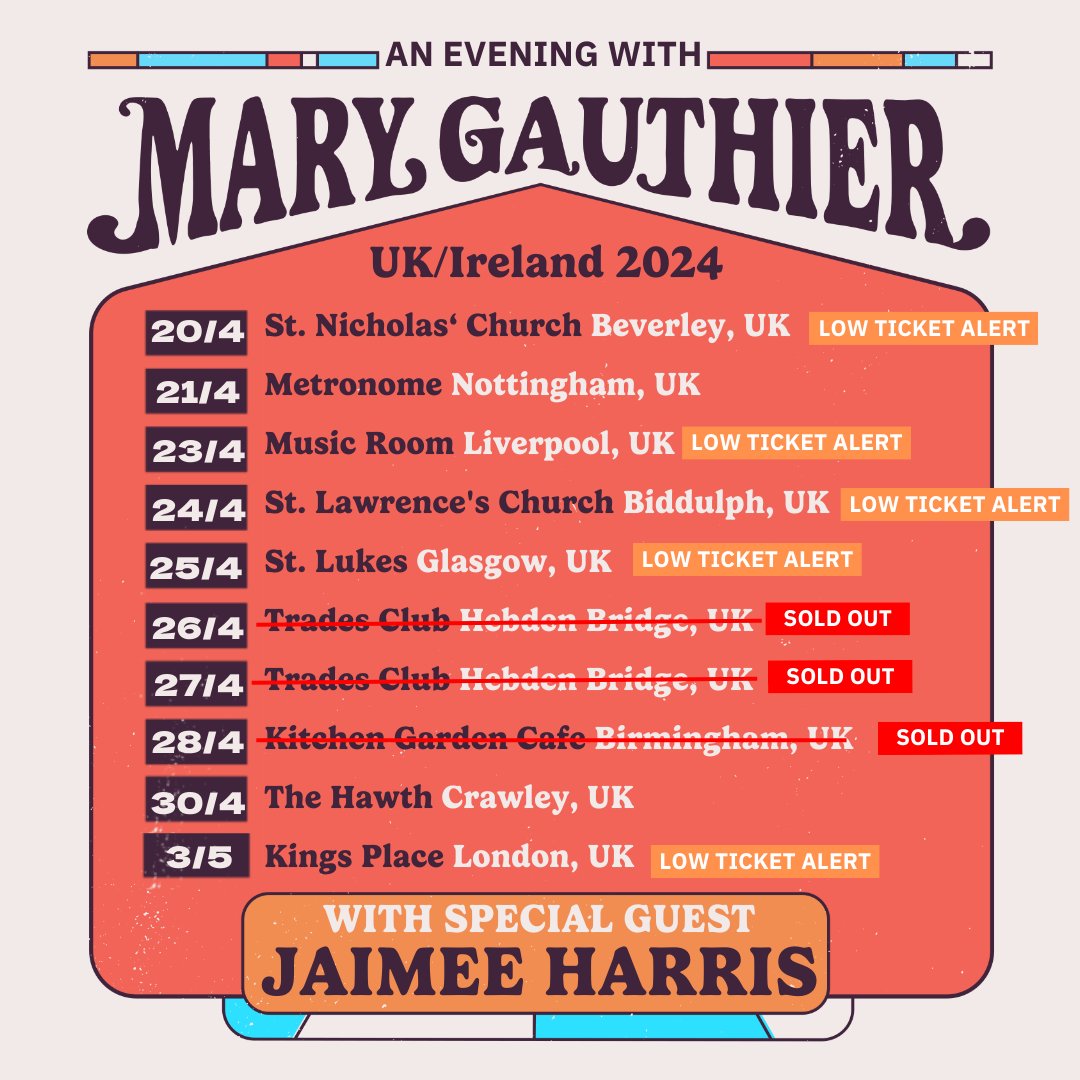 Hey friends, I can't believe the UK + Ireland tour is just a month away. Some shows are already sold out and others have limited tickets left, so get them while you can. Looking forward to seeing you on the road! marygauthier.com/tour