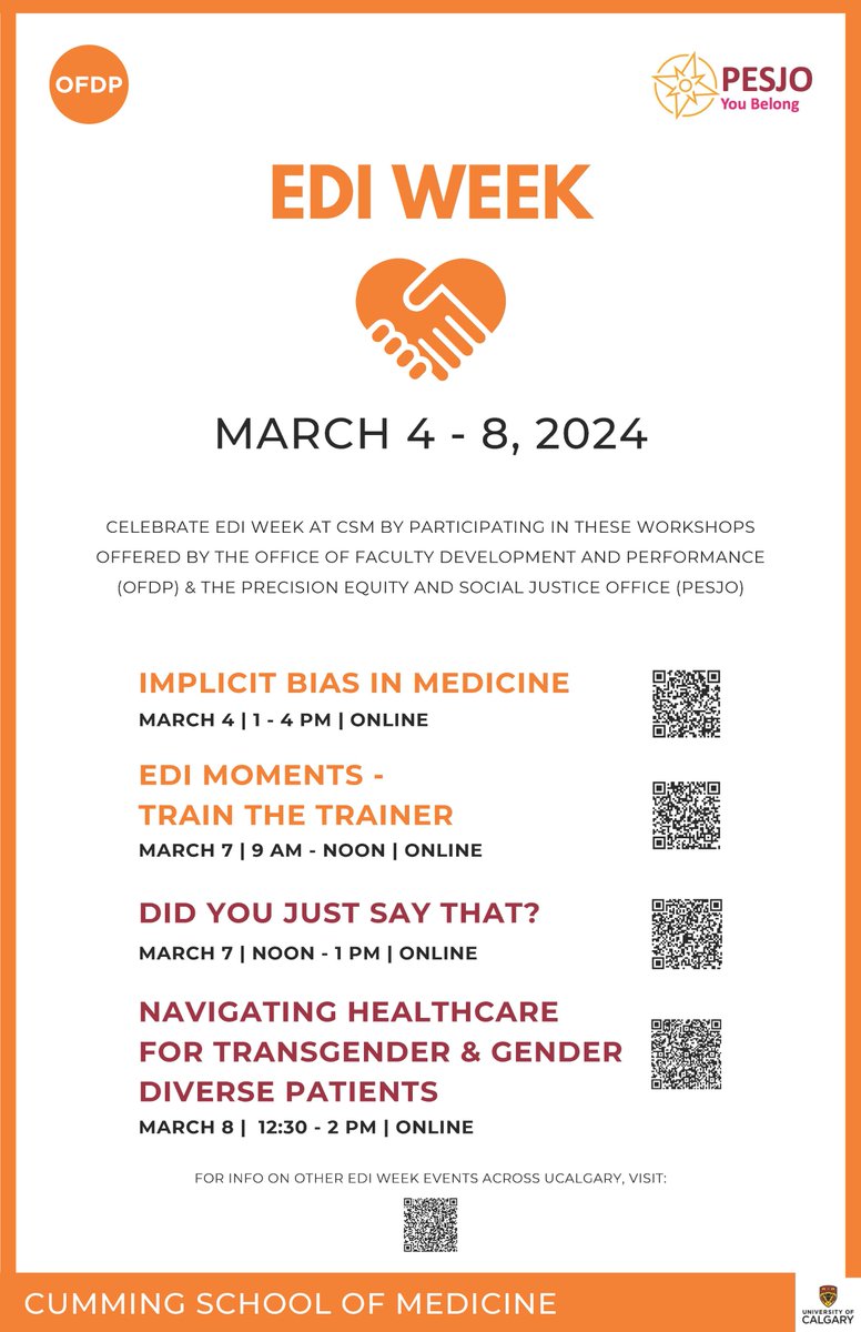 🎉Celebrate Equity, Diversity & Inclusion Week with us! Participate in these events below hosted by the #UCalgaryMed offices of Faculty Development & Performance and Precision Equity & Social Justice. Find the full list of #UCalgary events here: live-ucalgary.ucalgary.ca/equity-diversi… @CSM_PESJO