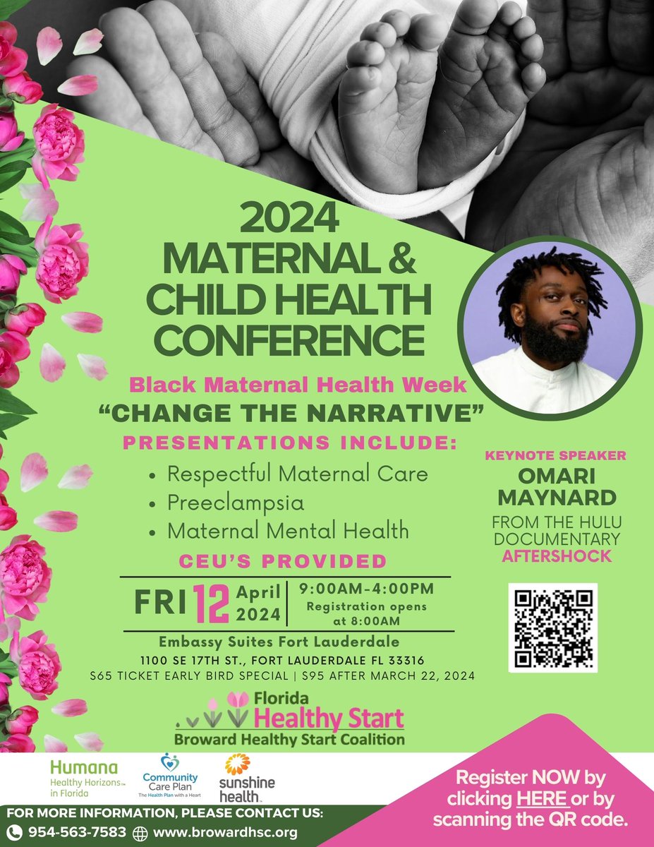 Join us on April 12th, 2024, for the 2024 Maternal and Child Health Conference, hosted by the Broward Healthy Start Coalition! This event marks the start of Black Maternal Health Week and features Omari Maynard, from the Hulu documentary 'Aftershock', as our keynote speaker.