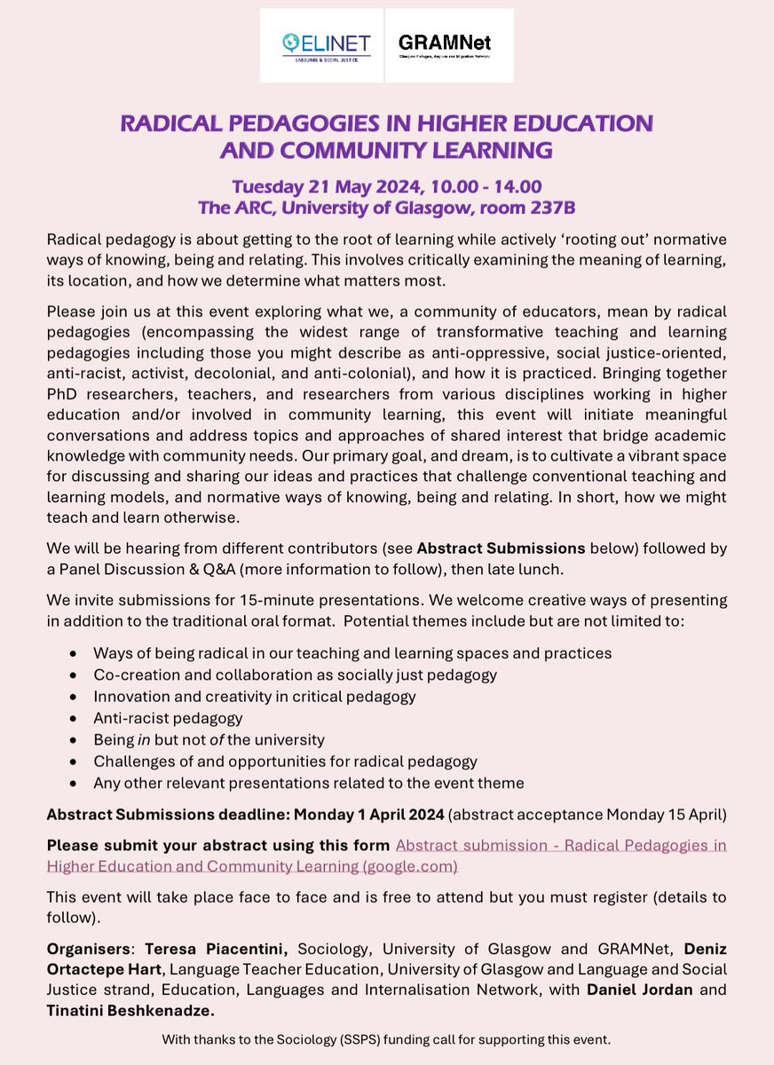 Call for abstracts: RADICAL PEDAGOGIES IN HIGHER EDUCATION   AND COMMUNITY LEARNING  by @OrtactepeHart and @teresapiacenti1 please share 🙏🏼